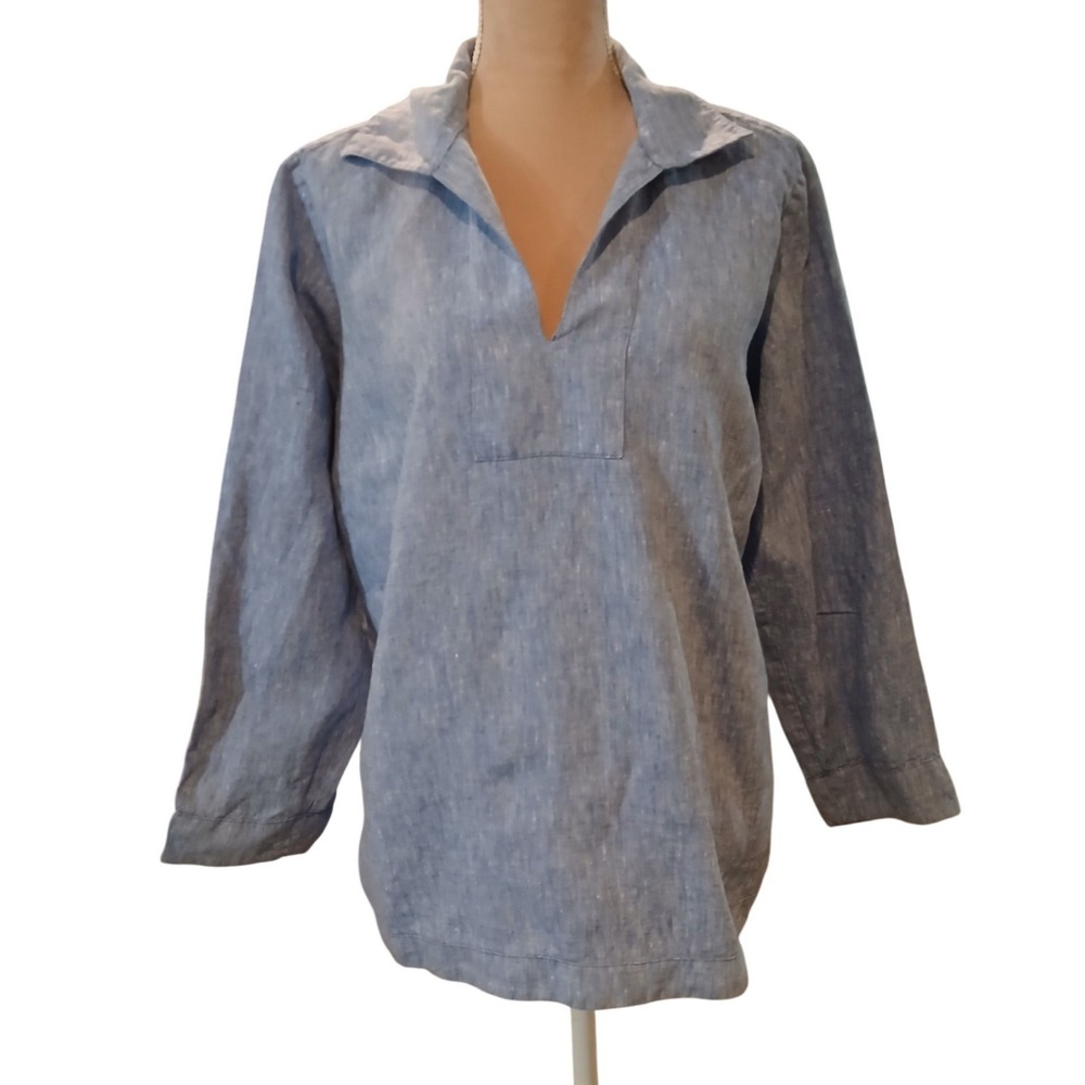 Talbots Woman 1x Blue 100% Linen Split Neck Tunic Top Plus  Long Sleeve Summer